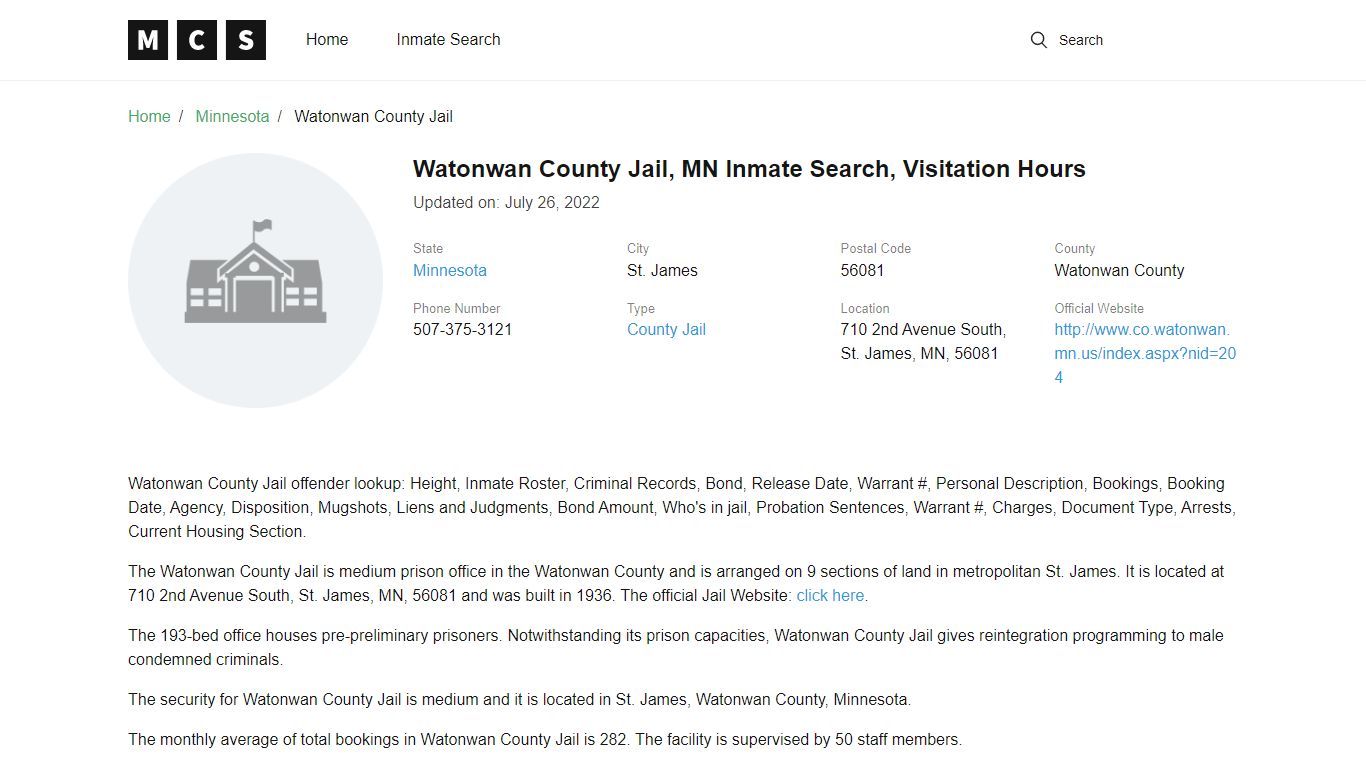 Watonwan County, MN Jail Inmates Search, Visitation Rules